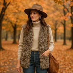 Dylan Clothing Penny Lane Medium M faux Fur Bohemian Shaggy Gray Vest Sleeveless